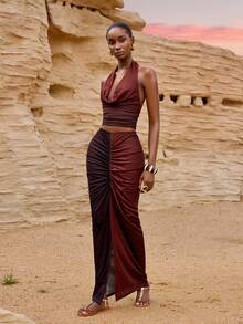 Zivah Summer Vacation Holiday Brown Stripe 2 Pieces Set,Seksi Chic Draped Neck Tie-Up Top & Ruched Long Slit Skirt,Tie-Dye Ombre Print 's Wear - Brown - View 5