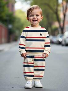 Playful Pals 1 Set de Sudadera y Pantalón de Chándal para Bebé Niño con Estampado Minimalista a Rayas y Logotipo de Caballero, Otoño/Invierno - Multicolor - Ver 3