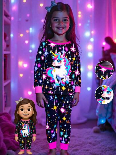 2 件套幼儿女童可爱独角兽印花彩色星星亮灯圆领针织睡衣套装，舒适休闲紧身长袖上衣和裤子，黑色