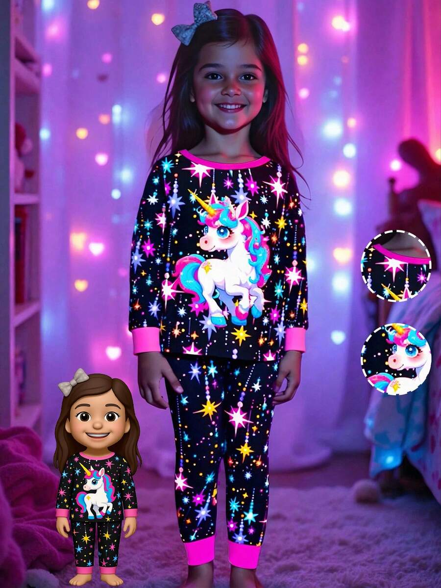 2 件套幼儿女童可爱独角兽印花彩色星星亮灯圆领针织睡衣套装，舒适休闲紧身长袖上衣和裤子，黑色 - 彩色 - 查看 1