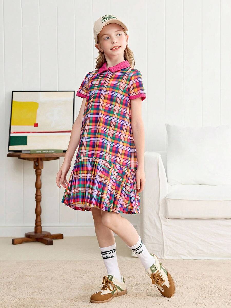 Joliand Joliand 1pc Tween Girls Pink And Yellow Plaid Dress,Summer Cute Preppy Style Polo Collar Short Sleeve Shirt Dress For Back-To-School,Daily Wear & Party School - Multicolor - View 1