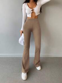 EURMUSE High-Waisted Flared Leg Pants - Mocha Brown - View 3