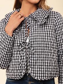 Coeurva 女士度假编织格子领系腰带前长袖宽松棉服外套、冬季女装、女士夹克、保暖、冬季女外套