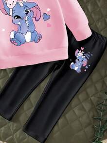 SHEIN 2 件套女婴休闲卡通兔子心形星星字母印花卫衣和裤子套装 - 彩色 - 查看 3