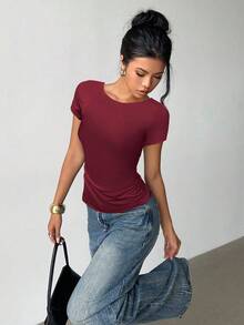 Siren Gaze Áo thun nữ hở lưng phối ren vai thường, kiểu Mỹ, xếp ly ôm sát, tay ngắn, thích hợp cho mùa hè, màu đỏ, Giáng sinh, Năm mới, màu đỏ tía, phong cách thường ngày, Ngày Valentine. - Màu Đỏ Sâu - Xem 4