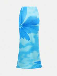 青少年女孩合身休闲简约舒适扎染花卉印花短款抹胸和紧身裙套装 - 淺藍色 - 查看 6