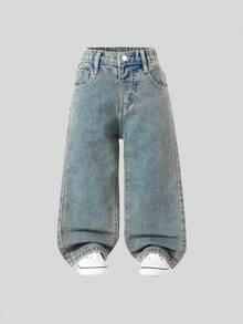 SHEIN 年轻女孩 Y2K 街头日常松紧腰直筒牛仔裤，配有扁平口袋，女孩日常 OOTD 服装 - 銅色 - 查看 3