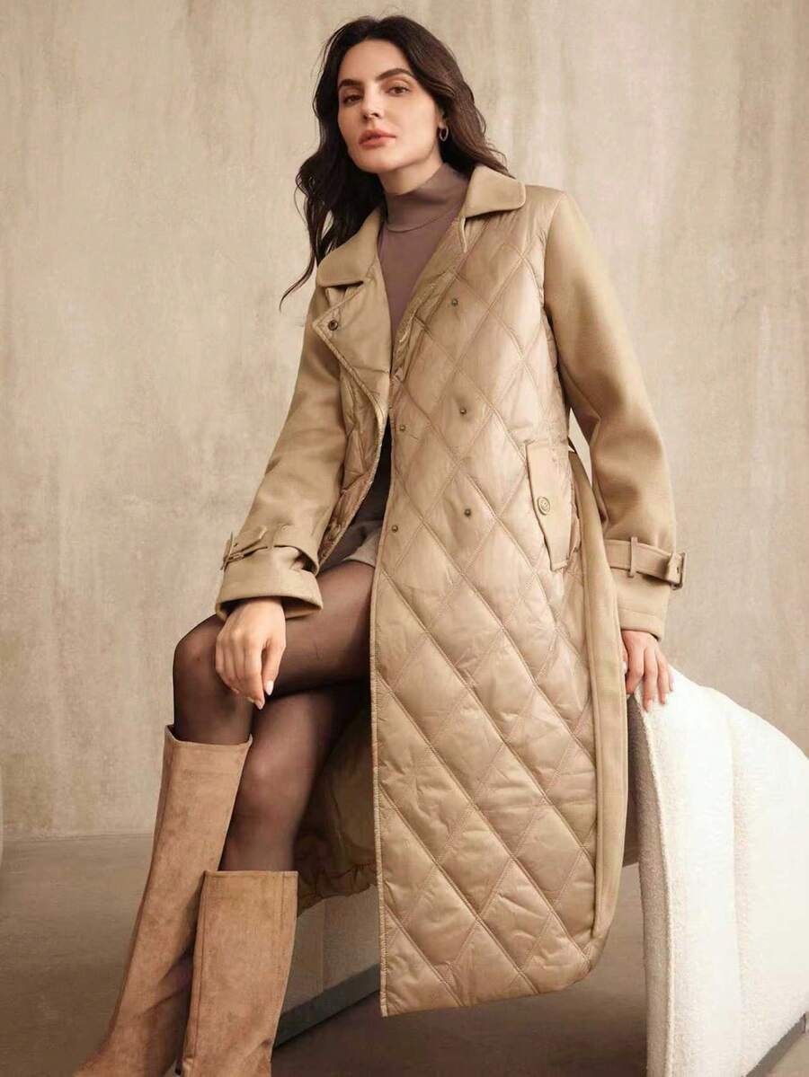 Anewsta Women's Belted Patchwork Mid-Length Padded Coat, Suitable For Autumn, Fall, Winter, Going Out, Elegant, Formal, Party, Chic, New Year, Christmas, Work, Graduation, Wedding