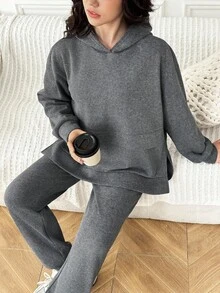 Teen Girl Loose Casual Minimalist Comfortable Hoodie Sweatshirt And Long Pants Set - Grey - View 6