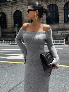 Strévra Women's Off Shoulder Fitted Knit Sweater Dress, Autumn - Grey - View 5