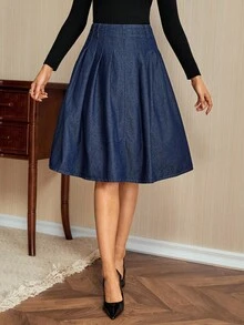 Vintamour 女士高腰优雅办公室淑女时尚牛仔百褶裙 - 深色水洗藍 - 查看 5