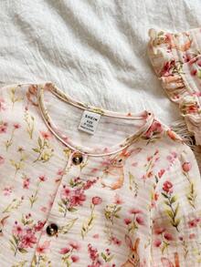 Vintaside Kids Baby Girl Infant Casual Cute Ditsy Floral Long Sleeve Jumpsuit And Matching Hat, Suitable For Daily Wear, Outing, Home, Hiking, Spring And Autumn Seasons Fall Winter