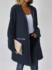 EMERY ROSE 女式秋季长袖连帽夹克，落肩，卫衣材质，拉链装饰，中长款，休闲 - 藏蓝色 - 查看 5