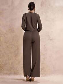 Modelyn Women's Elegant Business Suit, Jacket And Pants Set In Fall/Winter - Brown - View 3