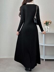 FRIFUL 女式蝴蝶结领装饰 A 字形拼色毛衣裙 - 黑色 - 查看 4