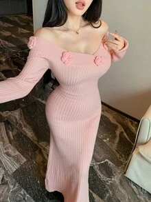 DAZY 秋冬束腰紧身鸡尾酒会礼服，性感露肩花卉装饰派对礼服，时尚婚礼、宴会、舞会晚礼服毛衣裙 - 粉色 - 查看 8