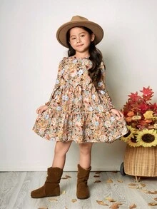 SHEIN 年轻女孩双胞胎女孩青少年年轻女孩复古碎花圆领连衣裙，春秋，秋冬，泡泡袖荷叶边下摆连衣裙，法式花卉，仙女裙，田园风，秋冬，青少年女孩碎花印花荷叶边袖荷叶边下摆连衣裙。宽松休闲圆领长袖荷叶边下摆中长连衣裙，可爱动物图案，适合度假和学校日常装扮，姐妹装，母女和姐妹搭配。假日，度假。 - 棕色 - 查看 3