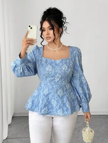 SHEIN Elenzya 大码女式泡泡袖优雅衬衫，适合外出和聚会 - 藍色 - 查看 1