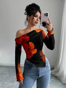 Firerie 休闲花卉印花露肩长袖修身女式T恤，适合秋季 - 黑色 - 查看 1