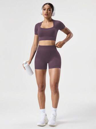 SHEIN Sovereign Charm 2pcs Set Women Mauve Purple Summer Athleisure Pilates Activewear Set,Seamless Ribbed Moisture Wicking Crew Neck Fitness Yoga Bike Shorts Workout Set