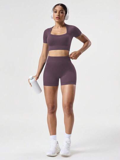 Easithlete 2 件套 + 常规版型 + 吸湿排汗面料/罗纹 + 圆领/基本款/海军蓝 + 运动服套装 + 无缝/健身/瑜伽