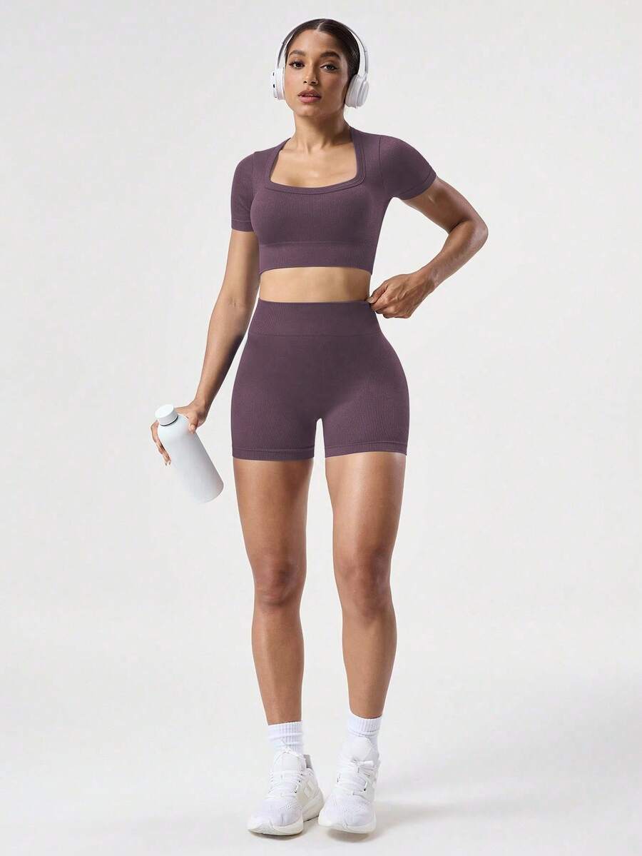 Easithlete 2pcs Set + Regular Fit + Moisture Wicking Fabric/Ribbed + Crew Neck/Basic/Navy Blue + Activewear Set + Seamless/Fitness/Yoga Yoga Shorts Set Seamless Workout Set Bike Shorts Set