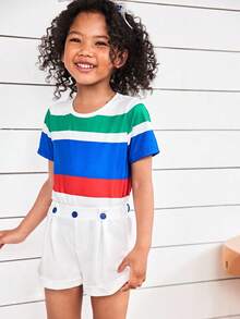 Joliand Joliand 2pcs Young Girl Elegant City Academic Colorful Striped Round Neck Short Sleeve T-Shirt And White Shorts Set,Summer Back To School Party Daily Wear - Multicolor - View 1