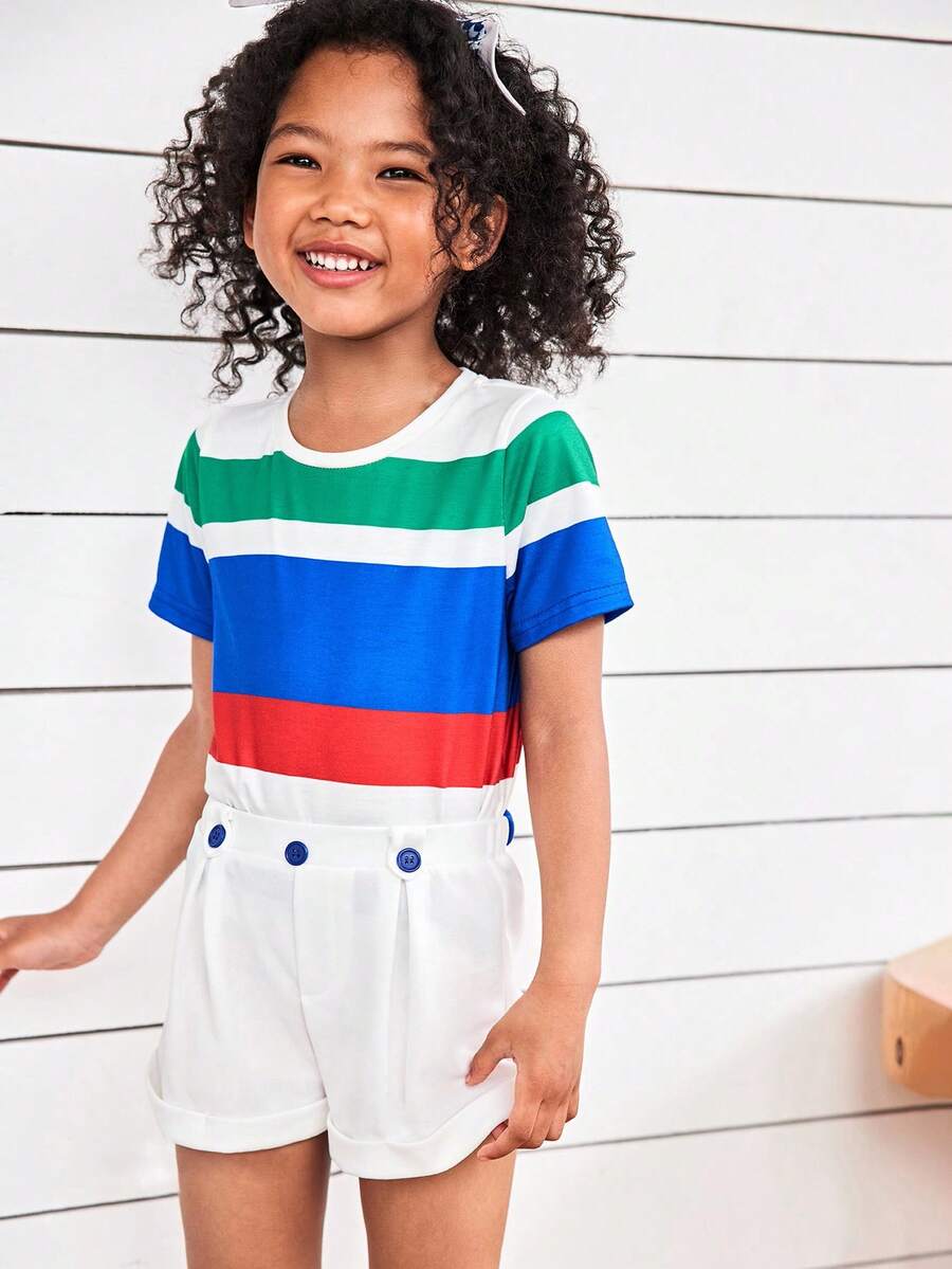Joliand Joliand 2pcs Young Girl Elegant City Academic Colorful Striped Round Neck Short Sleeve T-Shirt And White Shorts Set,Summer Back To School Party Daily Wear - Multicolor - View 1