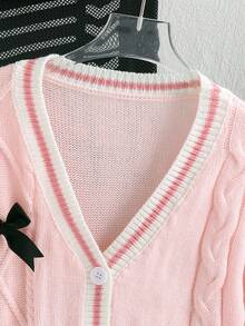 Sparklyn 1 Áo khoác len cardigan cho bé gái, phong cách công chúa ngọt ngào, dệt kim họa tiết, cổ áo tương phản, trang trí nơ đen, cổ chữ V, áo khoác len cardigan tay dài, độ dày thông thường, đa năng, áo khoác len mềm mại và thoải mái, thích hợp mặc hàng ngày, đi học, đi chơi, mùa xuân và mùa thu - Hồng - Xem 3