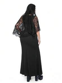 Whyspr Đầm maxi đuôi cá cổ chữ V nhún bèo cỡ lớn + Áo khoác ren tay chuông, trang phục dự tiệc thường ngày phong cách Punk Goth cổ điển thanh lịch, bộ đồ hai mảnh khoét sâu gợi cảm, thu/đông - màu đen - Xem 2