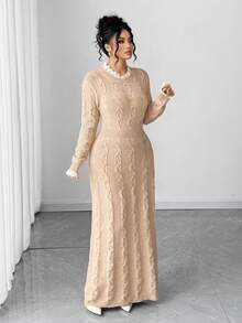 Elenzga Nuevo vestido de punto elegante con cuello redondo, puños con adorno floral y diseño de bajo texturizado para mujer de talla grande - Albaricoque - Ver 5