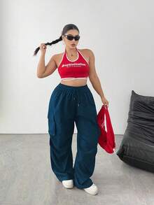 SHEIN Tall Quần túi hộp rộng rãi màu trơn cỡ lớn - Màu xanh hải quân - Xem 3