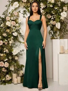 SHEIN Belle Váy phù dâu thanh lịch xẻ tà hai bên màu trơn dành cho nữ (Người lớn) - Màu xanh lá cây đậm - Xem 3