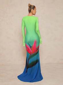 Lumalex 女式渐变色花卉印花露背荷叶边下摆喇叭袖修身长裙 - 綠色 - 查看 2