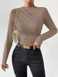 Zolique Solid Color Casual Long Sleeve Slim Fit Women Bodysuits - Khaki - View 7
