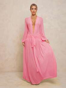 Lumalex 女式超长连衣裙，搭配紧身裤、透视 V 领、泡泡袖、褶饰系带、可拆卸金属扣和超大裙摆 - 粉色 - 查看 4