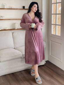 Dazy Plus Váy ngủ midi cổ chữ V tay loe bằng nhung và ren tương phản cỡ lớn dành cho nữ, gợi cảm cho mùa thu/đông, mùa thu - Màu Hồng  San hô - Xem 5