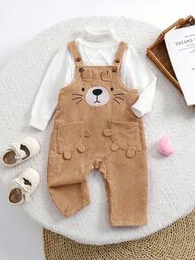 SHEIN Pelele de bebé recién nacido niña lindo y versátil con estampado de dibujos animados de pana, para otoño/invierno - Caqui - Ver 10