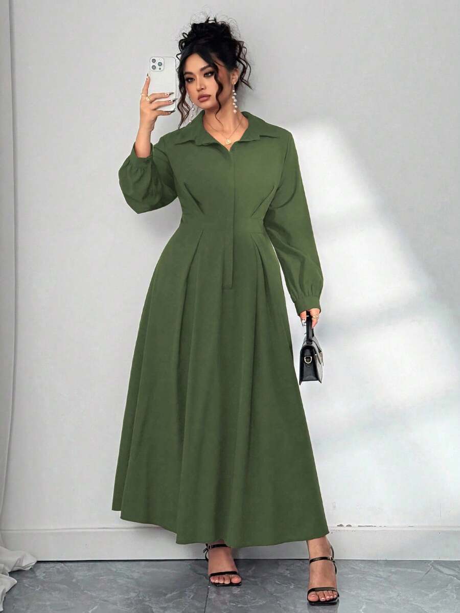Elenzga 优雅通勤纯色灯笼袖连衣裙，大码女式秋季长裙 - 軍綠色 - 查看 1