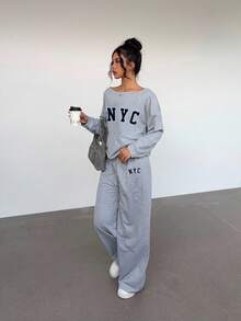 Aloruh 女士宽松舒适百搭露肩纽约字母印花休闲两件套，适合街头、户外和机场穿着 - 灰色 - 查看 4