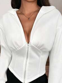 SHEIN EZwear Áo hoodie crop top hở vai màu trơn thời trang đường khâu xương cá có khóa kéo viền bất đối xứng cho nữ - trắng - Xem 7