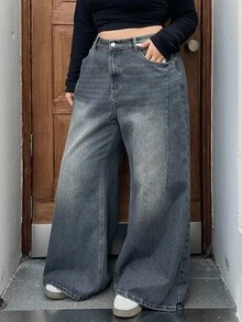 Dazy Plus Washed Loose Straight Leg Long Denim Jeans, Plus Size Women, All Season, Autumn