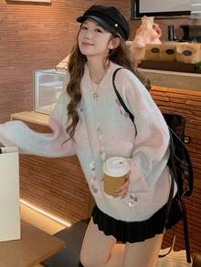 DAZY Damski luźny, swobodny, elegancki sweter w paski z nadrukiem tie-dye, kolorowy, dojazdowy, stylowy, z kryształkami i cekinami, jesień/zima - Miętowy niebieski - Zobacz 5