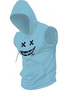Manfinity LEGND 2pcs Men's Summer Casual Fashionable Street Cartoon Pattern Drawstring Pocket Hooded Tank Top, Holiday - Multicolor - View 5
