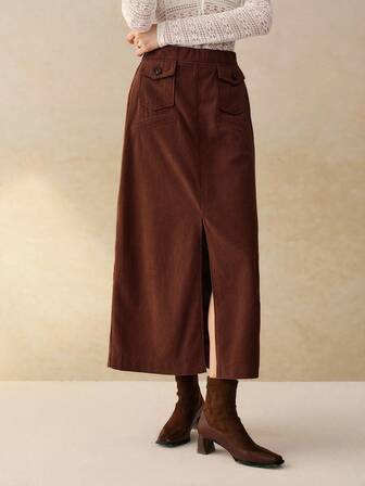 Cévolie 女装秋冬新款法式通勤时尚灯芯绒高腰直筒开叉半身裙