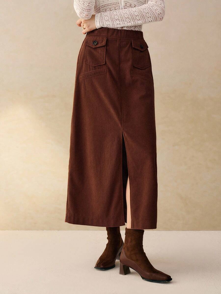 Cévolie 女装秋冬新款法式通勤时尚灯芯绒高腰直筒开叉半身裙 - 鏽棕色 - 查看 1