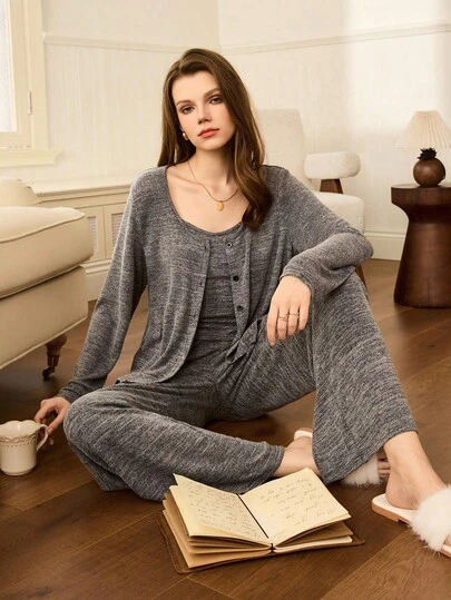 女士简约休闲舒适拉绒三件套睡衣套装女士家居服套装女士家居服套装，秋季服装，舒适服装