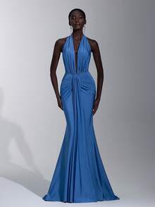 Elitara Elegant, Romantic, Sexy, Simple, Gray-Blue, Stretch Fabric, Backless, Fishtail Hem, Fashionable, Popular, Suitable For Vacation, Festival, Birthday Party, Wedding Event, Dinner Dress, Bridesmaid Dress - Blue - View 3