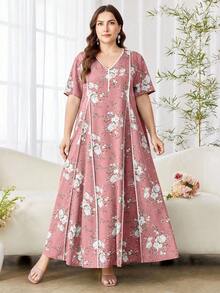Al Najma Vestido árabe feminino casual com estampa floral, manga curta, solto, regular, primavera/verão, tamanho grande - Multicolorido - Ver 3