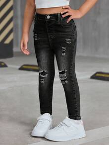 SHEIN SLAYR KIDS SLAYR KIDS Young Girls Blue Denim Ripped Jeggings,Girl Fall Clothes - Black - View 3